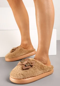 Brązowe Kapcie na Platformie Ozdobione Futerkiem Aplikacją i Kokardą Feziara