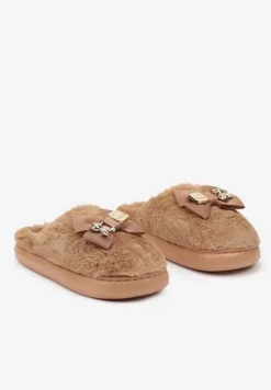 Brązowe Kapcie na Platformie Ozdobione Futerkiem Aplikacją i Kokardą Feziara