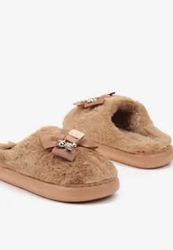 Brązowe Kapcie na Platformie Ozdobione Futerkiem Aplikacją i Kokardą Feziara
