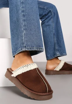 Brązowe Kapcie na Platformie z Haftowaną Cholewką Vertiala