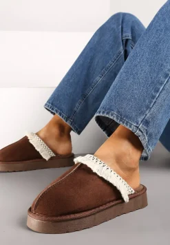 Brązowe Kapcie na Platformie z Haftowaną Cholewką Vertiala