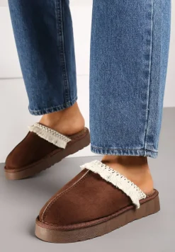 Brązowe Kapcie na Platformie z Haftowaną Cholewką Vertiala