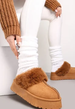 Brązowe Kapcie na Platformie z Ekozamszu z Futerkiem Livorn