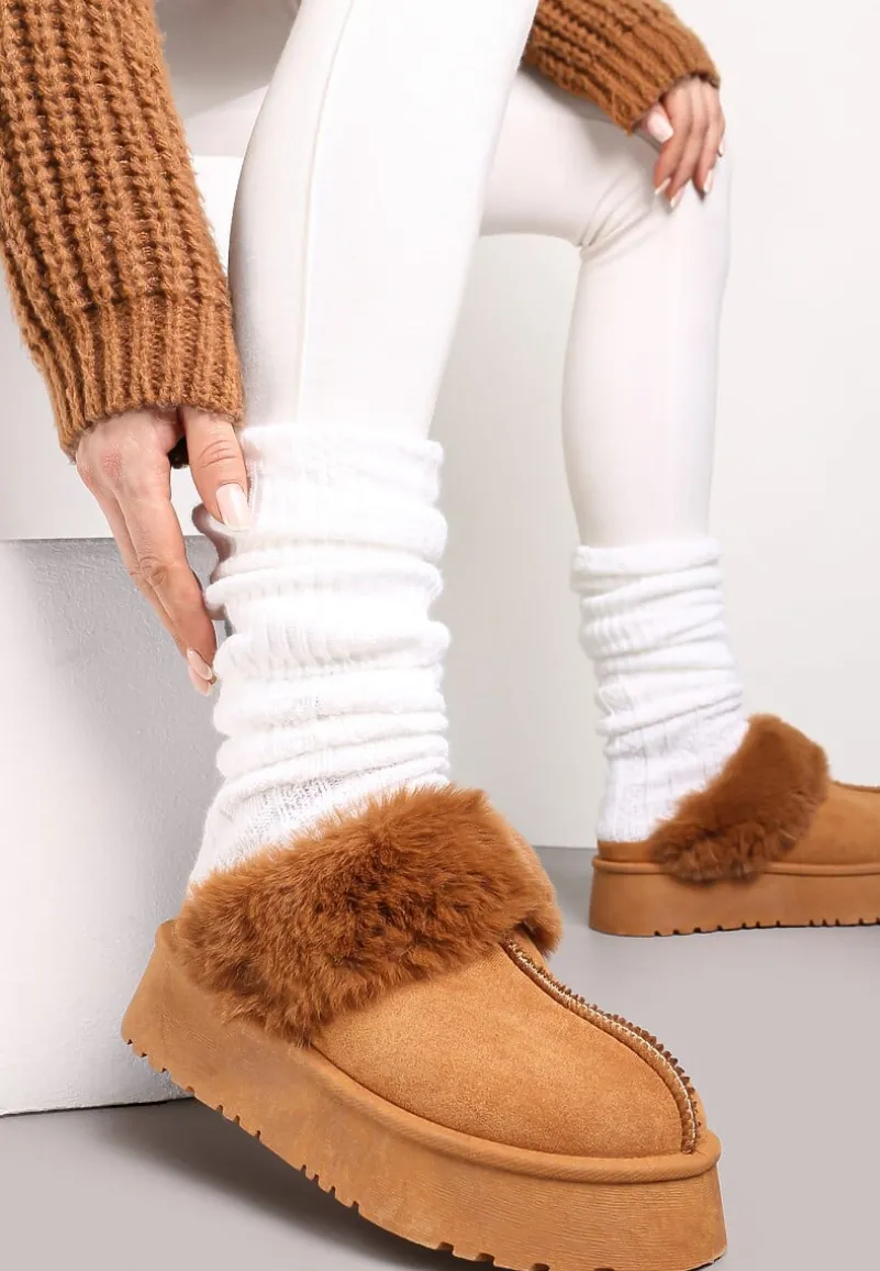 Brązowe Kapcie na Platformie z Ekozamszu z Futerkiem Livorn