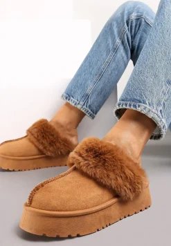 Brązowe Kapcie na Platformie z Ekozamszu z Futerkiem Livorn