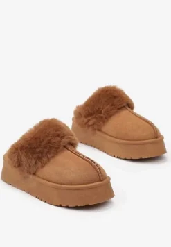 Brązowe Kapcie na Platformie z Ekozamszu z Futerkiem Livorn