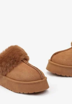 Brązowe Kapcie na Platformie z Ekozamszu z Futerkiem Livorn