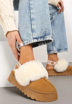 Brązowe Kapcie na Platformie Ozdobione Futerkiem i z Gumką Przy Pięcie Titanra