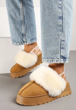 Brązowe Kapcie na Platformie Ozdobione Futerkiem i z Gumką Przy Pięcie Titanra