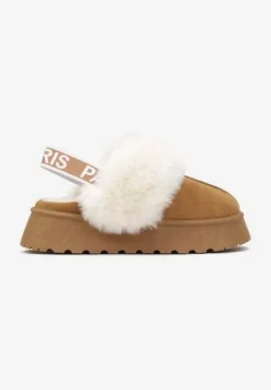 Brązowe Kapcie na Platformie Ozdobione Futerkiem i z Gumką Przy Pięcie Titanra