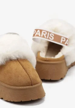 Brązowe Kapcie na Platformie Ozdobione Futerkiem i z Gumką Przy Pięcie Titanra