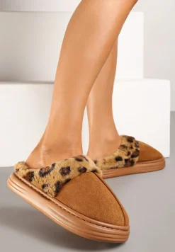 Brązowe Kapcie z Ekozamszu z Ozdobnym Futrem w Panterkowy Wzór Emmidra