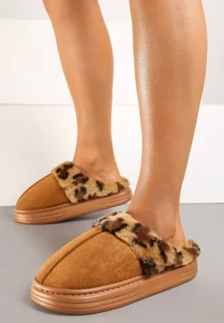 Brązowe Kapcie z Ekozamszu z Ozdobnym Futrem w Panterkowy Wzór Emmidra