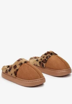 Brązowe Kapcie z Ekozamszu z Ozdobnym Futrem w Panterkowy Wzór Emmidra