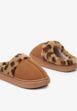 Brązowe Kapcie z Ekozamszu z Ozdobnym Futrem w Panterkowy Wzór Emmidra