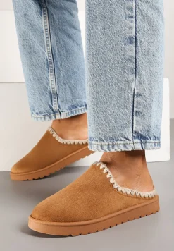 Brązowe Kapcie z Futerkiem i Haftowanym Zdobieniem Neanieta