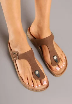 Brązowe Klapki Japonki na Podeszwie z Imitacji Korka Idessa