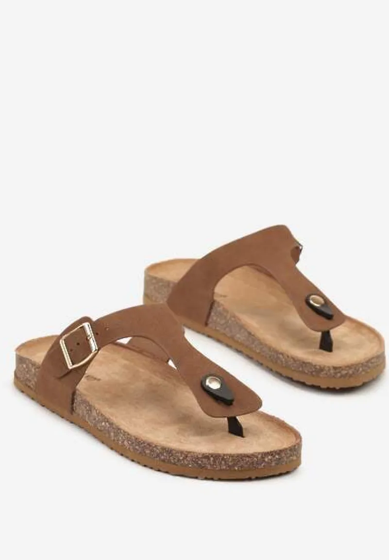 Brązowe Klapki Japonki na Podeszwie z Imitacji Korka Idessa