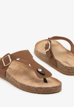 Brązowe Klapki Japonki na Podeszwie z Imitacji Korka Idessa