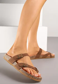 Brązowe Klapki Japonki ze Sprzączkami na Podeszwie z Imitacji Korka Idanavia