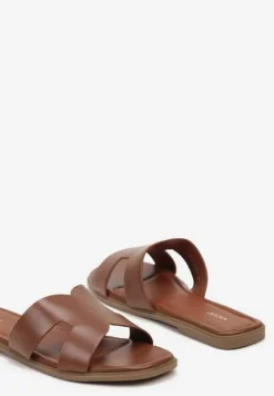 Brązowe Klapki na Płaskiej Podeszwie Ozdobione Metalicznymi Paskami i Kwadratowym Noskiem Sonivia