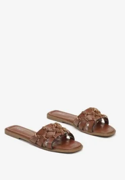 Brązowe Klapki na Płaskiej Podeszwie z Przeplatanymi Paskami Teriwes