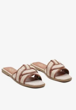 Brązowe Klapki na Płaskiej Podeszwie z Kwadratowym Noskiem Ozdobione Plecionką Nellienne