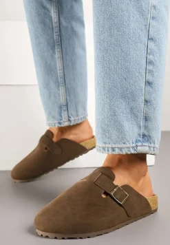 Brązowe Klapki Ozdobione Paskiem z Klamrą Iffasira