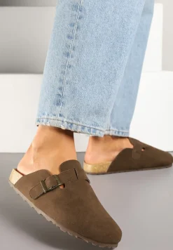 Brązowe Klapki Ozdobione Paskiem z Klamrą Iffasira