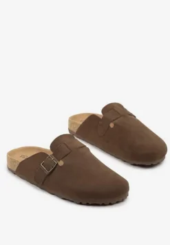 Brązowe Klapki Ozdobione Paskiem z Klamrą Iffasira