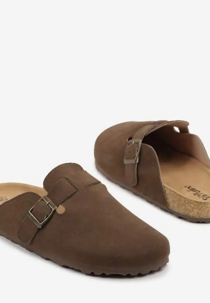 Brązowe Klapki Ozdobione Paskiem z Klamrą Iffasira