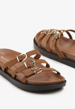 Brązowe Klapki Ozdobione Trzema Paskami i Klamrami Jelfitia