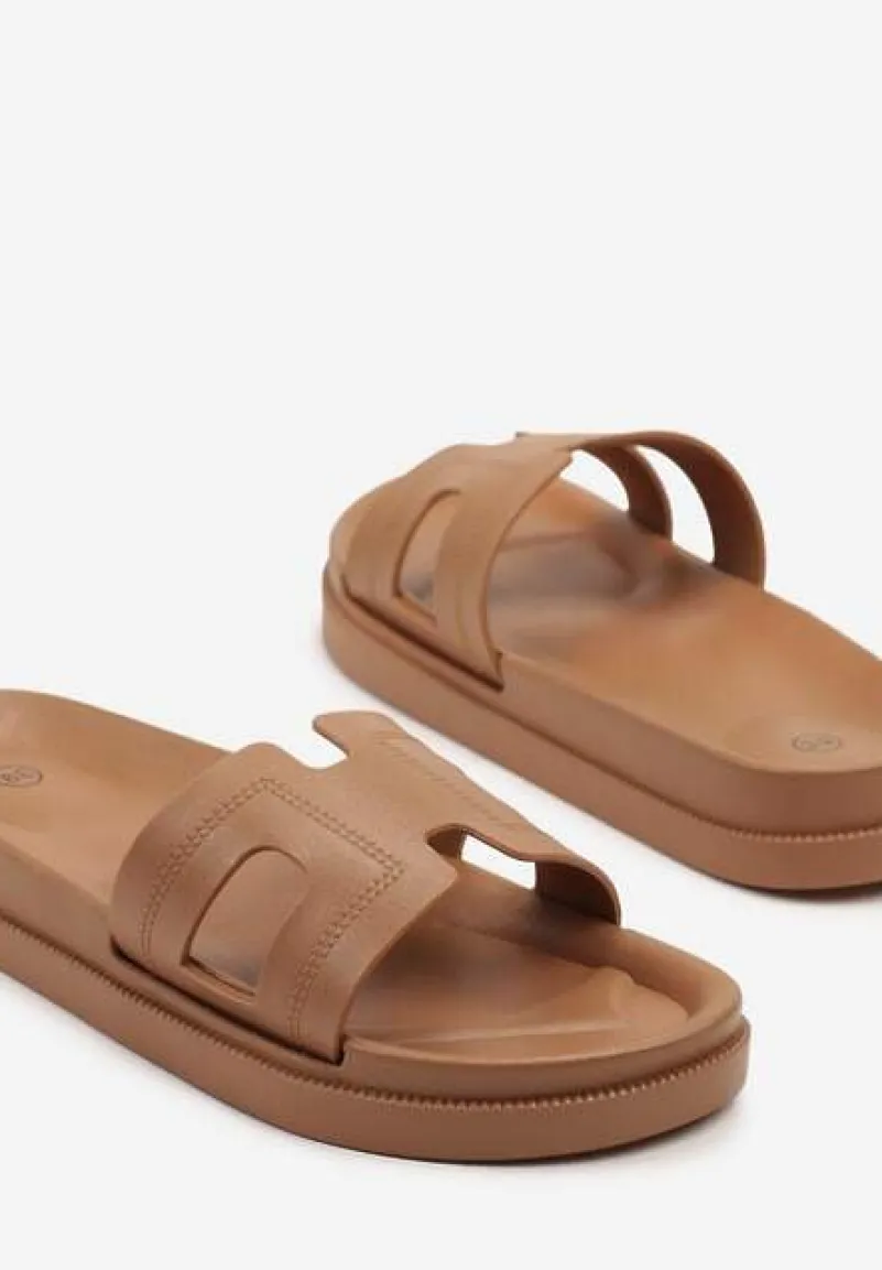 Brązowe Klapki Ozdobione Wycięciami Kinelina