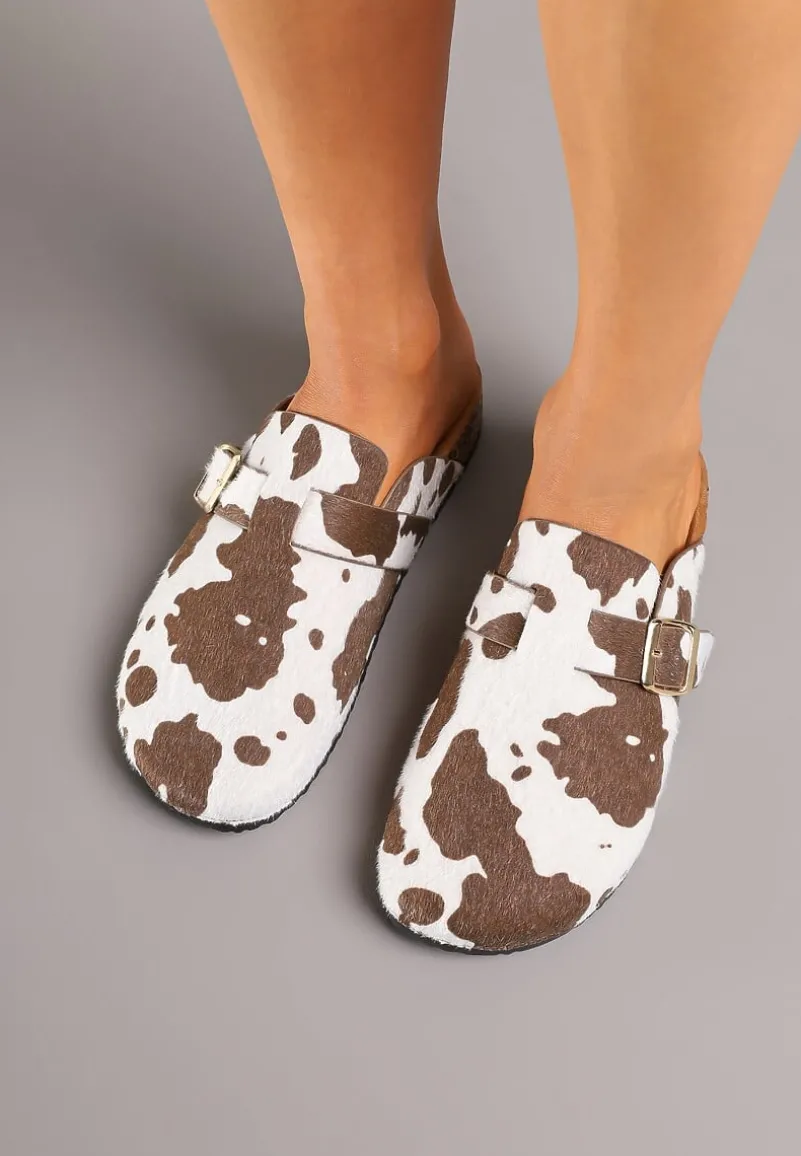 Brązowe Klapki Typu Mule w Print z Łatami Meralda