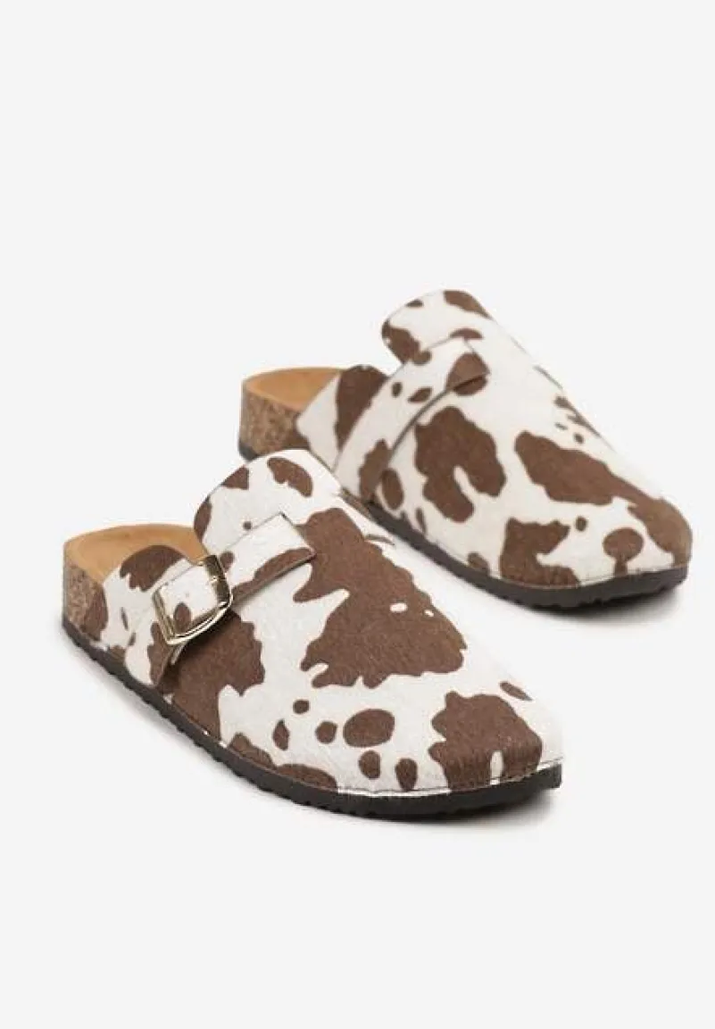 Brązowe Klapki Typu Mule w Print z Łatami Meralda