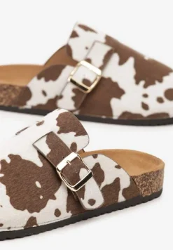 Brązowe Klapki Typu Mule w Print z Łatami Meralda