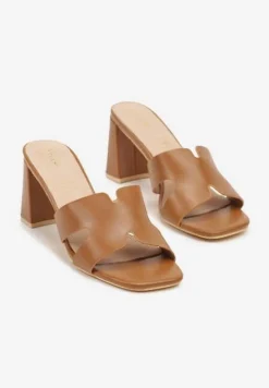 Brązowe Klapki Vices na Słupkowym Obcasie z Wkładką ze Skóry Naturalnej Foleria