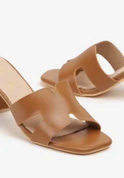 Brązowe Klapki Vices na Słupkowym Obcasie z Wkładką ze Skóry Naturalnej Foleria