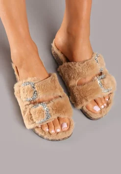 Brązowe Klapki z Futerkiem na Korkowej Podeszwie Ozdobione Cyrkoniami Belilae