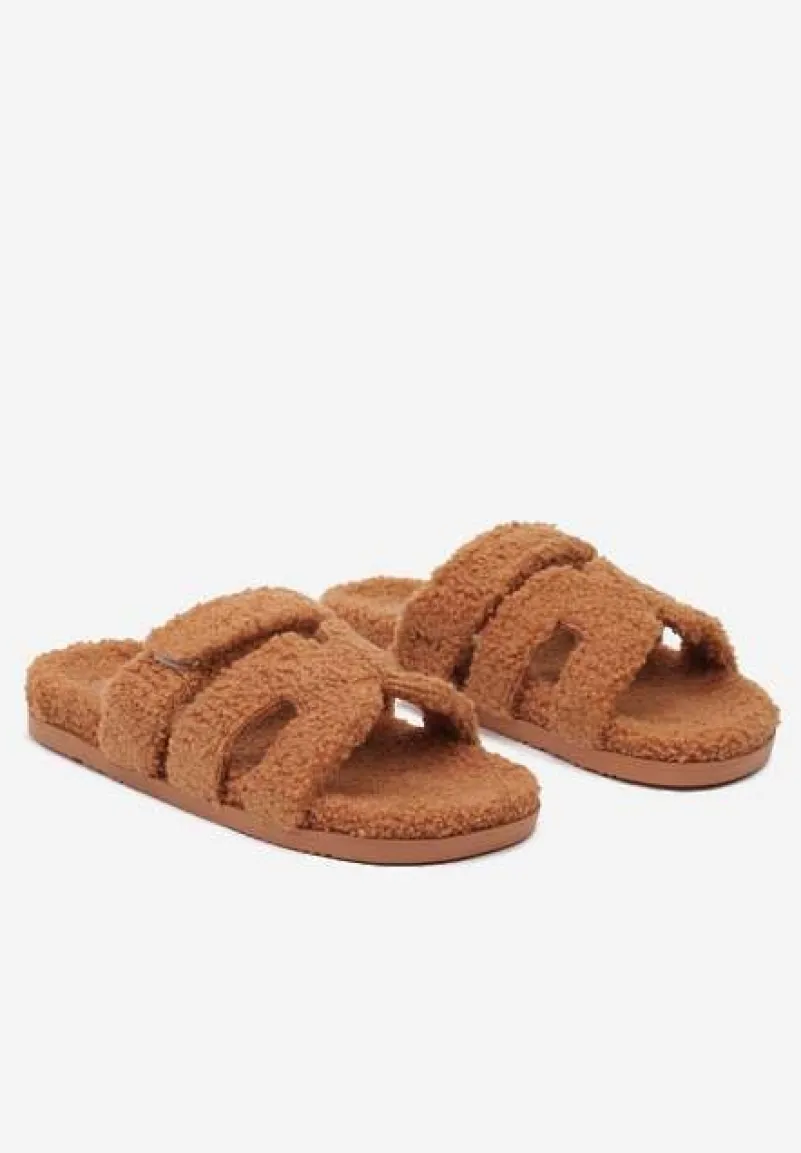 Brązowe Klapki z Futerkiem na Płaskiej Podeszwie Torivra