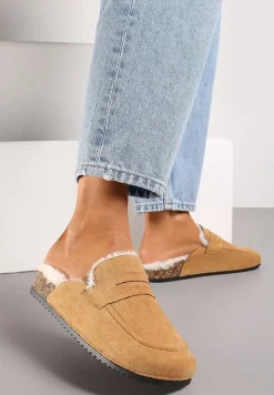 Brązowe Klapki z Imitacji Zamszu na Korkowej Podeszwie z Futerkiem i Przeszyciami Sileath