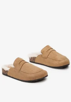 Brązowe Klapki z Imitacji Zamszu na Korkowej Podeszwie z Futerkiem i Przeszyciami Sileath