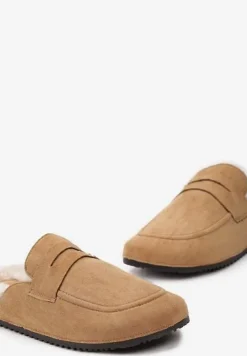 Brązowe Klapki z Imitacji Zamszu na Korkowej Podeszwie z Futerkiem i Przeszyciami Sileath
