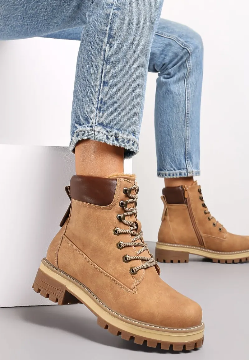 Brązowe Klasyczne Traperki ze Wstawką z Ekoskóry na Cholewce Juxora