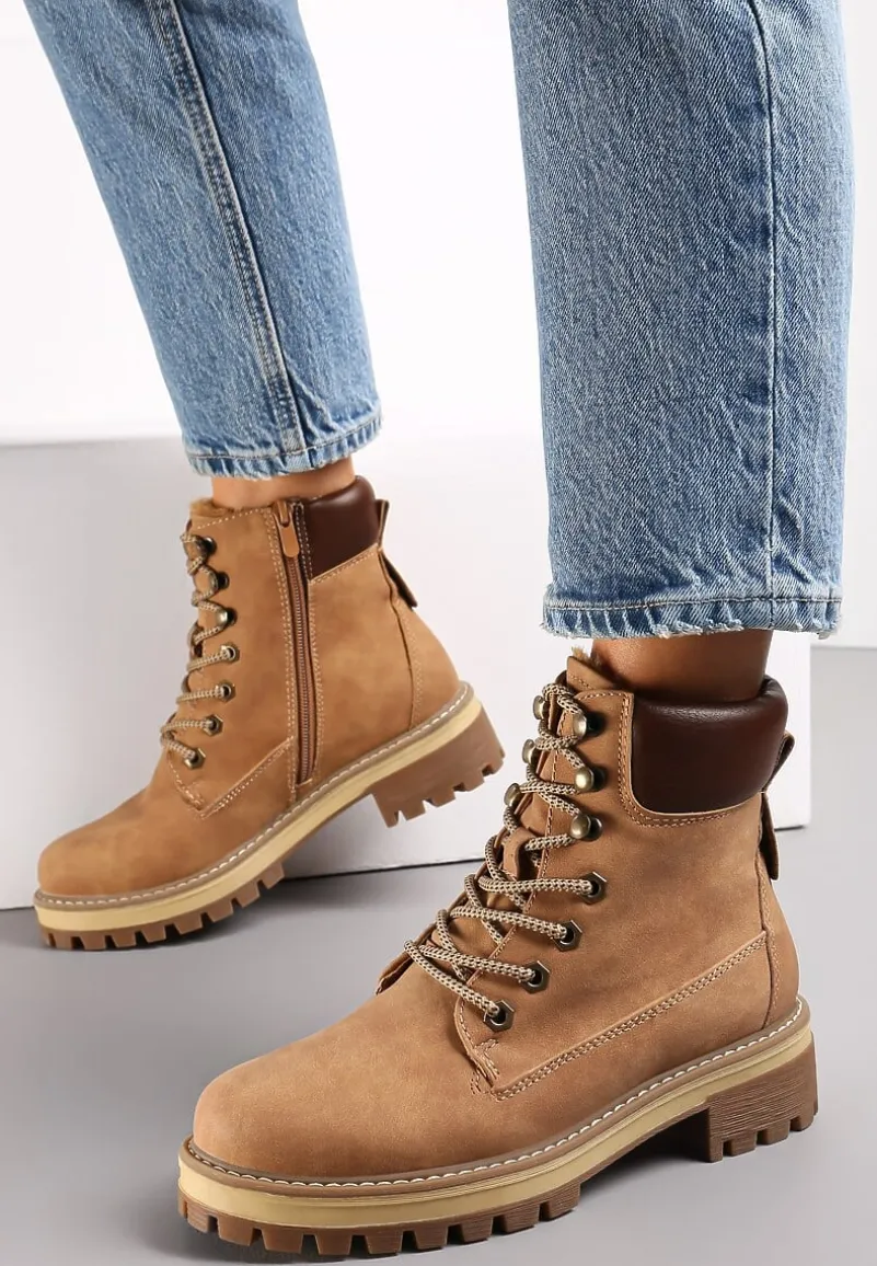 Brązowe Klasyczne Traperki ze Wstawką z Ekoskóry na Cholewce Juxora