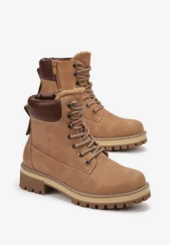 Brązowe Klasyczne Traperki ze Wstawką z Ekoskóry na Cholewce Juxora