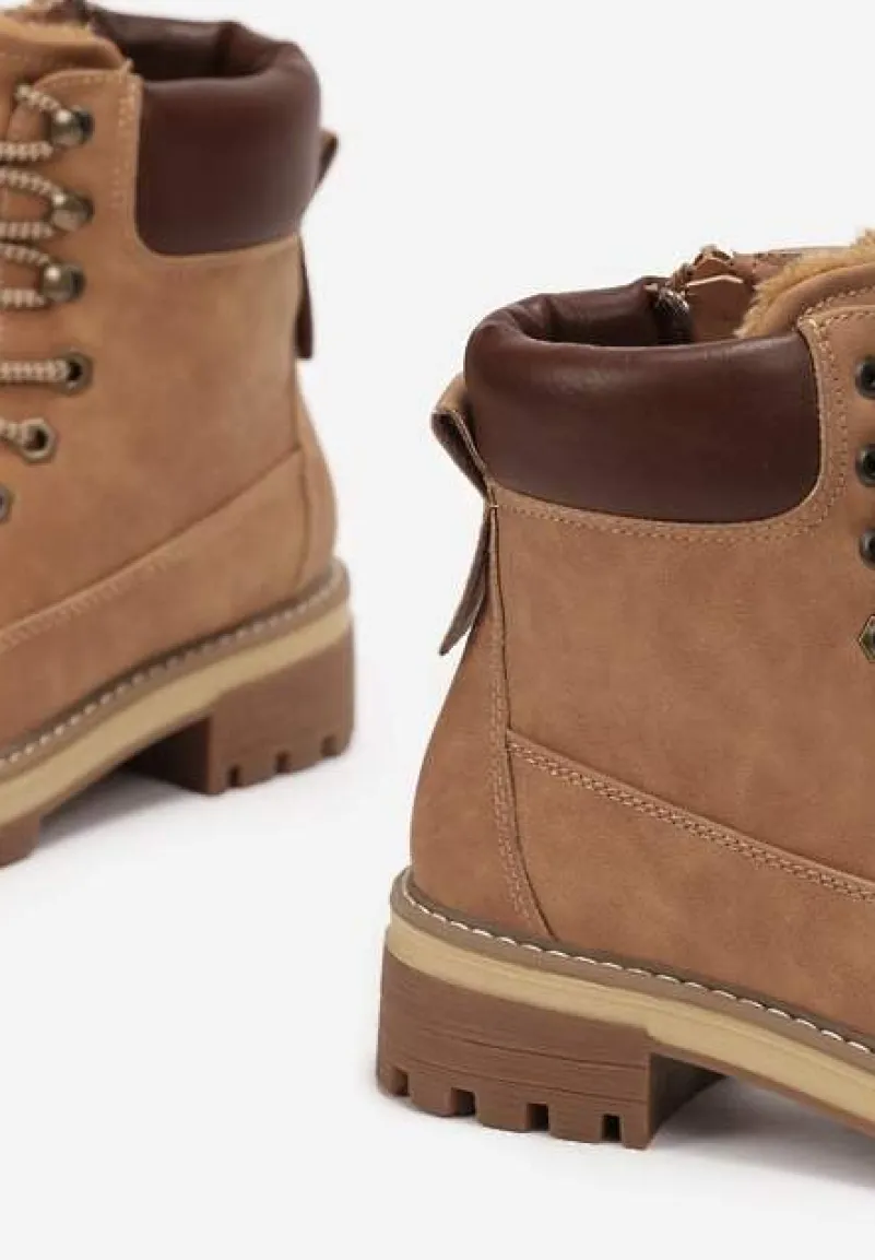 Brązowe Klasyczne Traperki ze Wstawką z Ekoskóry na Cholewce Juxora