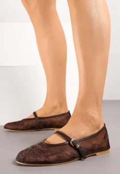 Brązowe Koronkowe Balerinki w Stylu Mary Jane z Haftowanej Siateczki Tilaverra