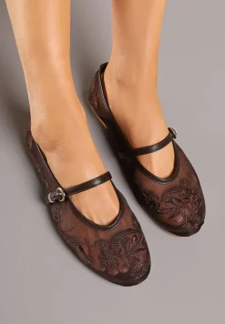 Brązowe Koronkowe Balerinki w Stylu Mary Jane z Haftowanej Siateczki Tilaverra