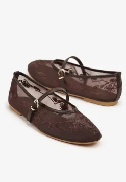Brązowe Koronkowe Balerinki w Stylu Mary Jane z Haftowanej Siateczki Tilaverra